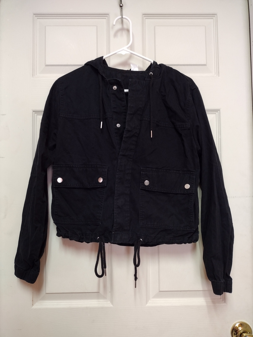 Divided Black Hooded Drawstring Utility Jacket